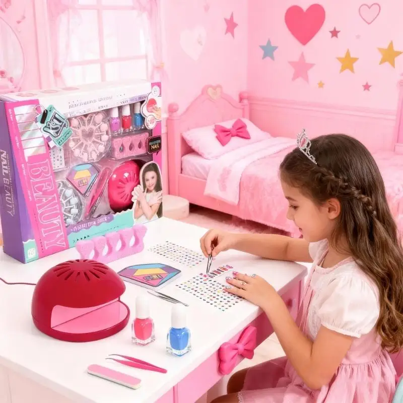 Juego juguetes para salón uñas para niña con estuche almacenamiento portátil, minisecador esmalte a base agua y
