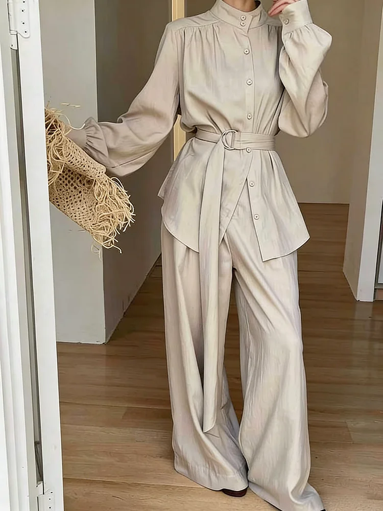 

BJTZ 2026 Spring Summer Women Single Breasted Tie Waist Shirt Top High Waist Wide Leg Pants Set Office Two Piece Outfits