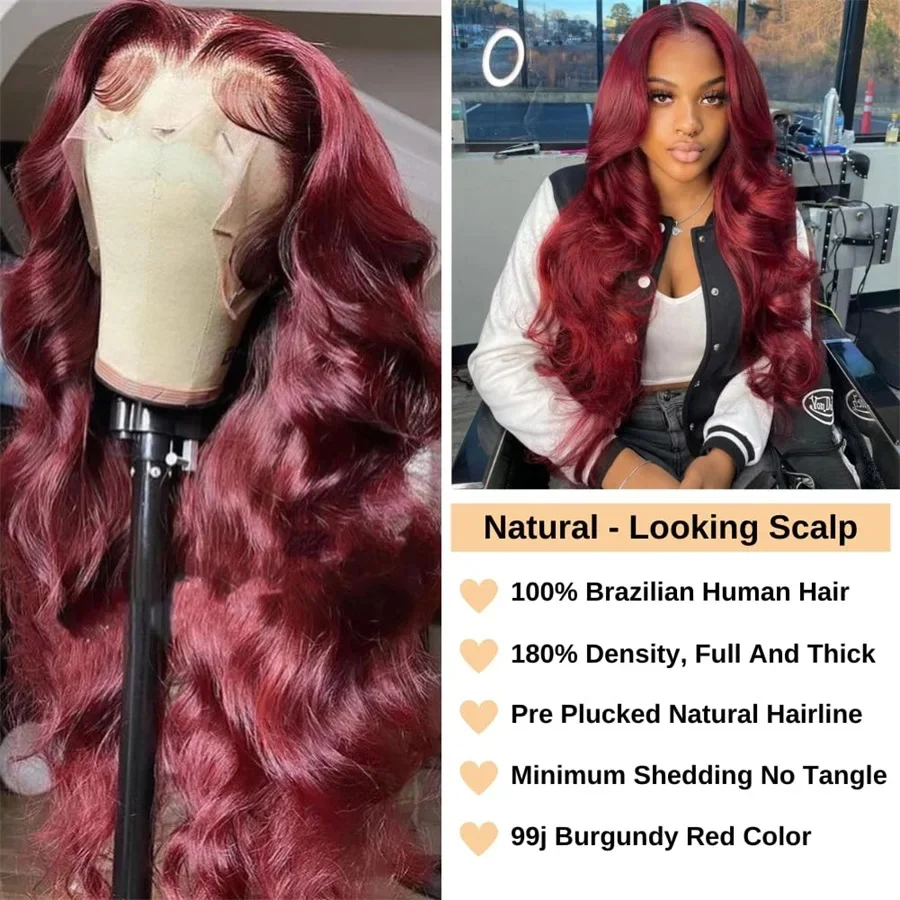 99J Burgundy Colored Wigs 13x4 lace Frontal Human Hair Wig Body Wave Red Wigs Invisible Transparent Lace Wig Pre Plucked