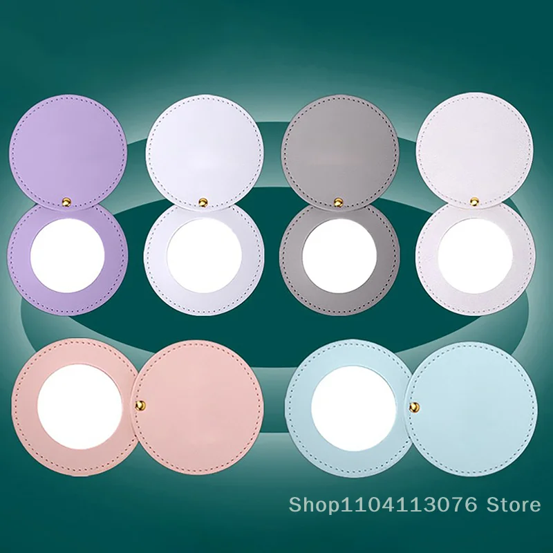 Miroirs circulaires compacts incassables, en acier inoxydable, avec manchon en cuir PU, mini miroir de maquillage portable