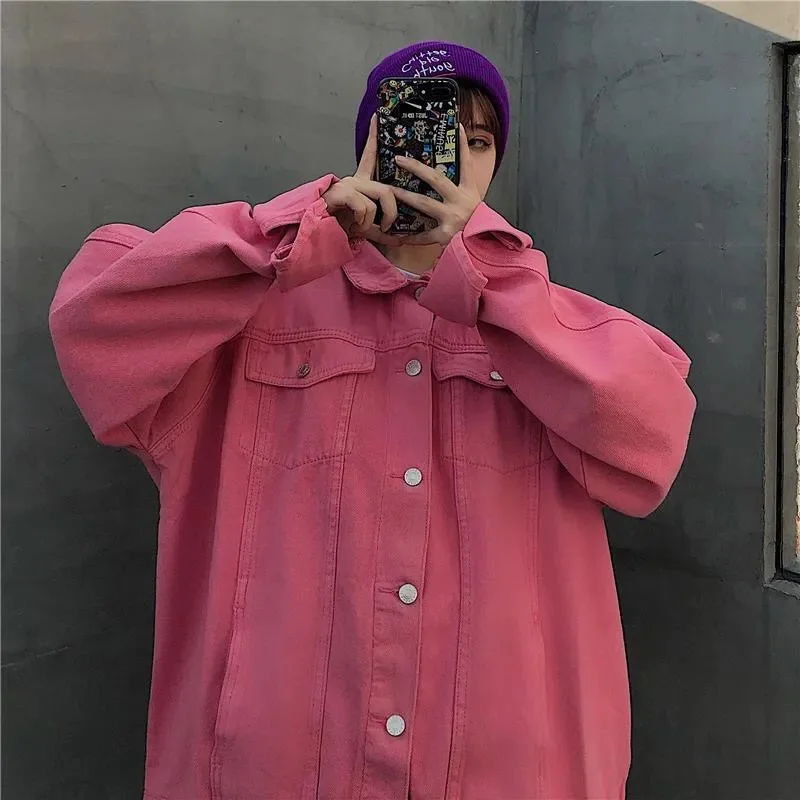 

2023 New 90% cottonPink Denim Coat Loose Versatile Men Women Spring Autumn Korean Fashion Workwear Jacket Square Neck Long Sleev