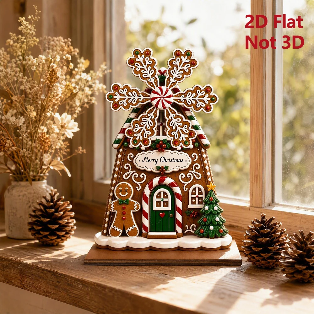 1pc Christmas Rotating Windmill Decor 2D Wooden Gingerbread House Tabletop Ornament Merry Xmas Santa Figurine Room Decor