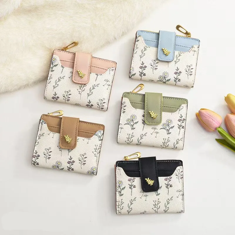 Kurze Geldbörse aus PU-Leder, dünn, mit mehreren Karten, Reißverschluss, Münzbörse, Haspe, kleine Blumen, Kartentasche, Haspe, Reißverschluss, Geldbörse für Damen und Mädchen