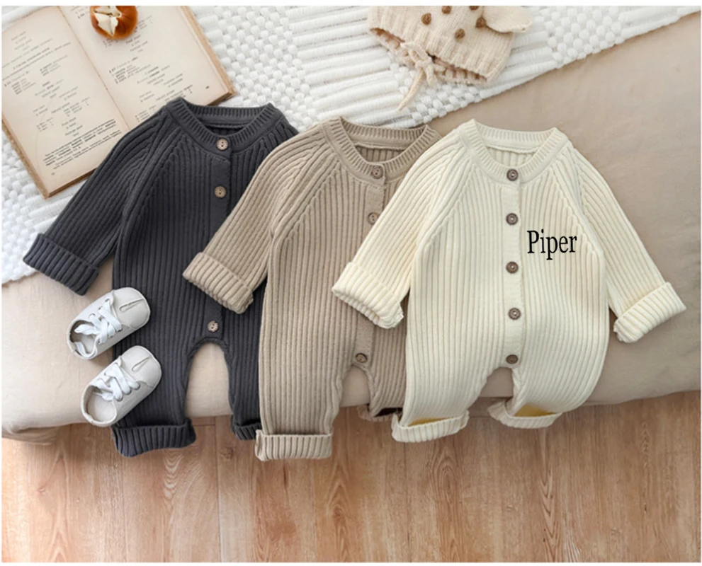 Customized Name Solid Knitting Cotton Long Sleeve Outfit Toddler Baby Boys Girl Romper Spring Autumn Newborn Baby Girls Jumpsuit