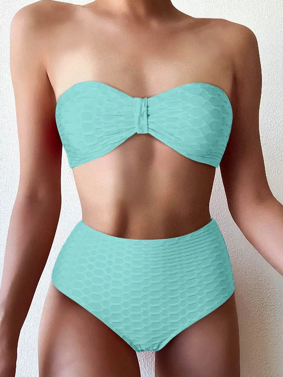 

Solid Knot Front Bandeau Bikinis Women Sexy High Waist Swimsuit Padded Swimwear Female Tie Back Bathing Suit Swimming Beachwear