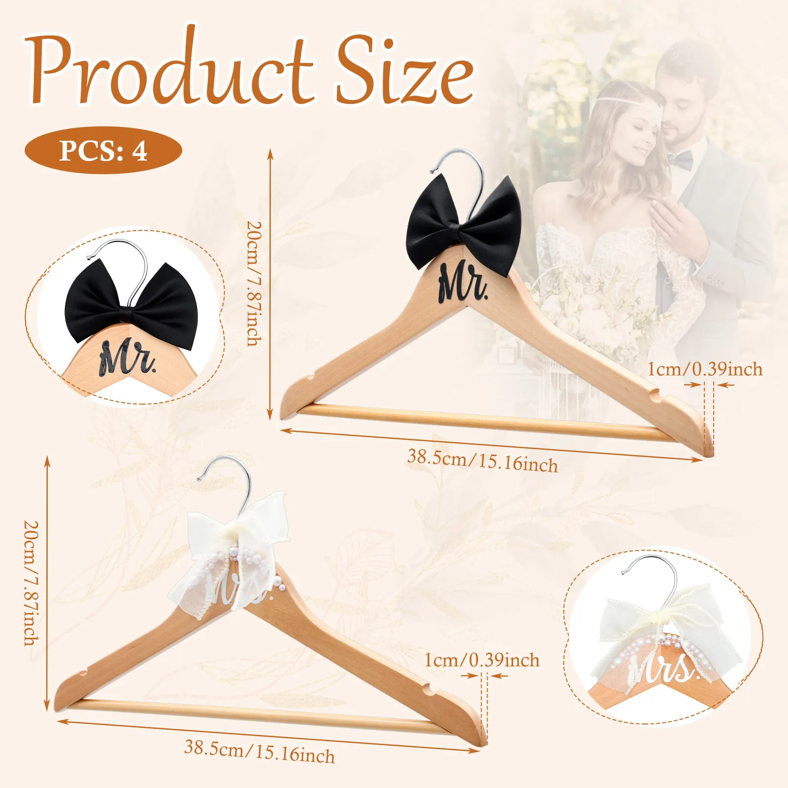 4 قطعة شماعات الملابس فستان شماعات مع القوس اللؤلؤ العروس العريس ثوب فستان سهرة دعوى مكافحة زلة شماعات خشبية لوازم الزفاف