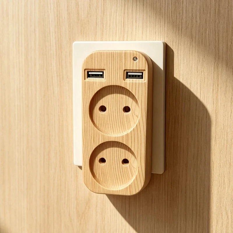 Wood Grain Ungrounded EU Plug Adapter 2 EU Sockets Dual USB-A Total Output 5V 2A Wall Power Socket