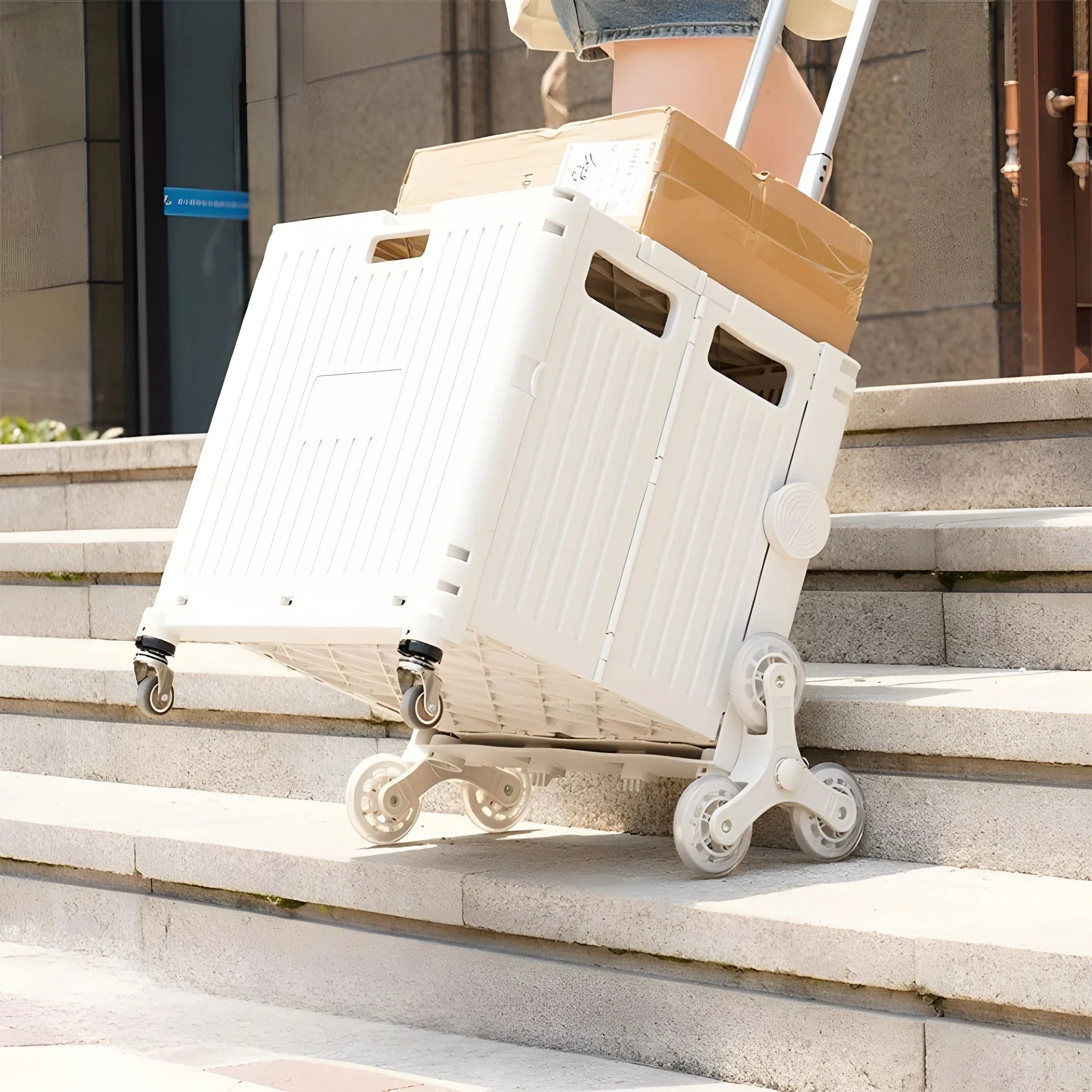 Carro de compras plegable portátil de 80L, carrito de compras de supermercado de plástico con varilla de tracción, carrito de mano para acampar al