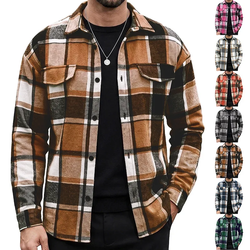 Brown Plaid Flannel Shirt Jacket Men Button Down with Chest Pockets Casual Outerwear 2026 New Fashion