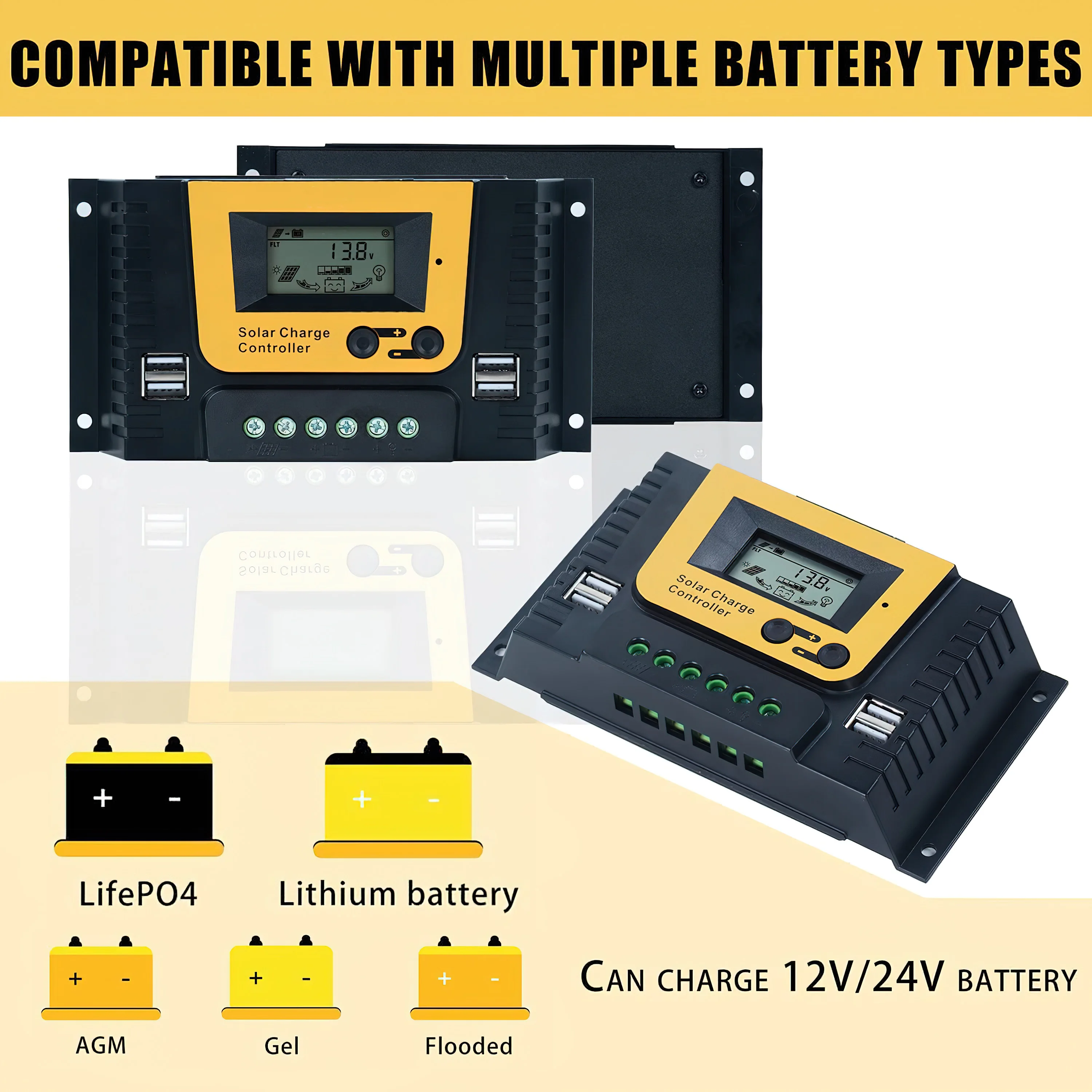 POWLSOJX PWM Solar Charge Controller for 12/24/36/48v Lithium Battery Solar Panel Regulator with Backlit Display Temperature