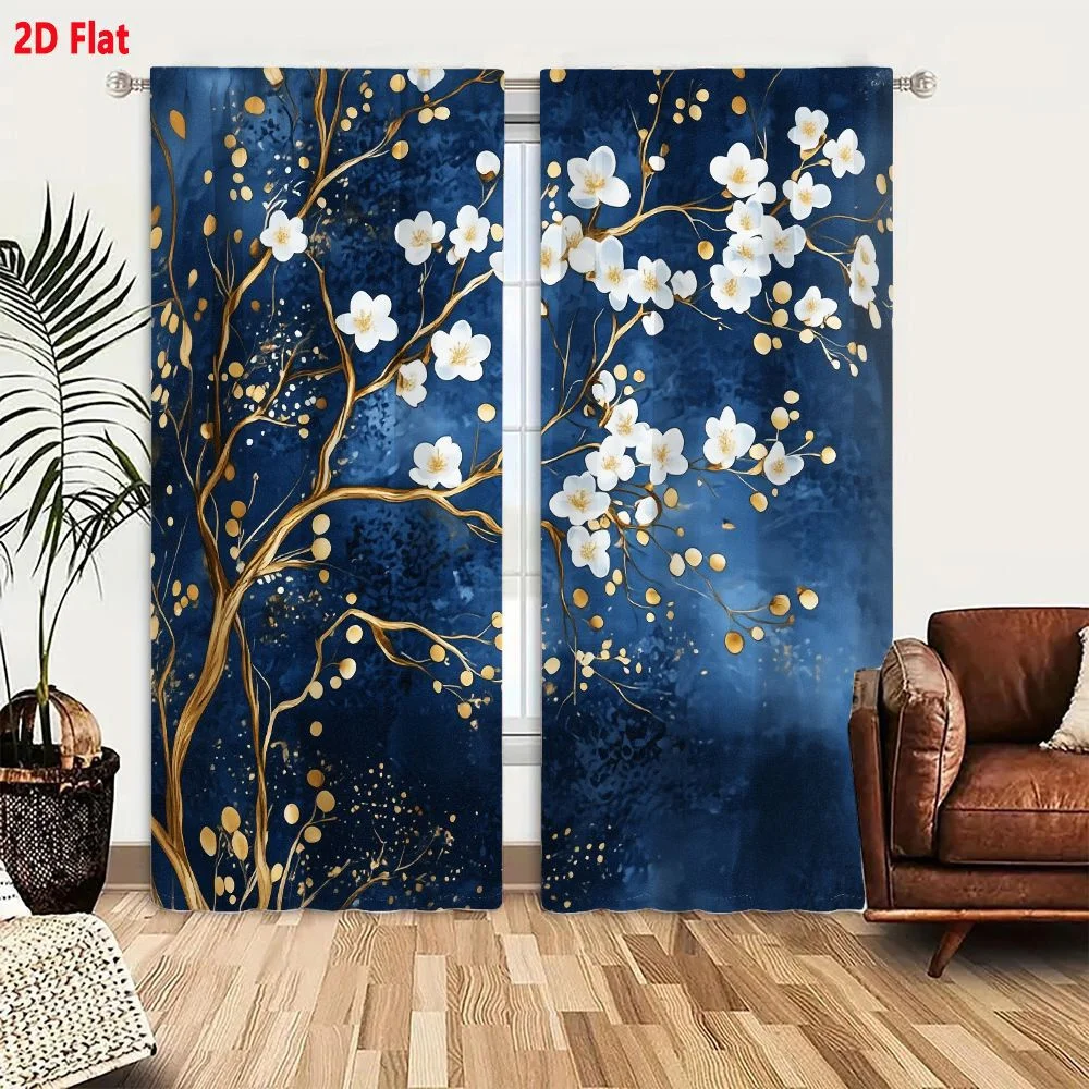 2Pcs Curtains 2D Flat Elegant Whimsical Golden Tree With White Flowers Yellow Centers Deep Blue Textured Background Dreamy Ether
