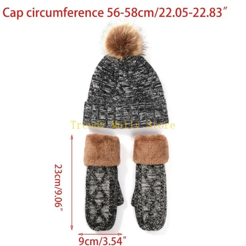 N5KB 2 stuks vrouwen winterkabel gebreide beanie hoed met volle vingerhandschoenen wanten Zet dikke thermische pluche gevoerde