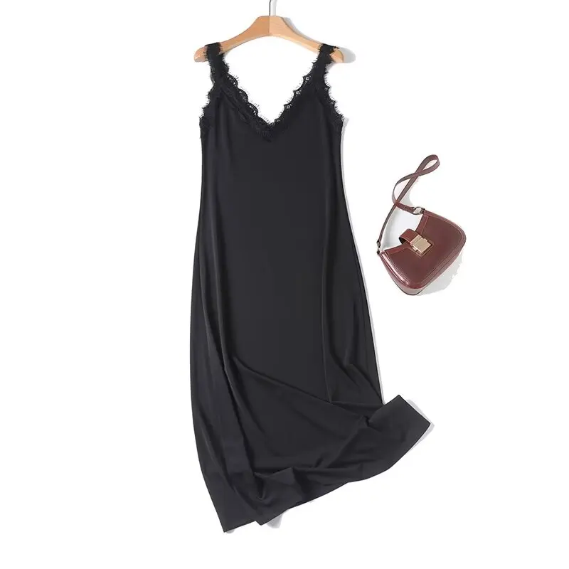 

Maxdutti French Elegant Lace Stitching Sleeveless Dress Evening Dress Minimalist Black Summer Vacation Long Dress Female