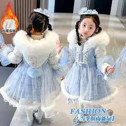 Kids Clothes Warm Warm Winter Thick Baby Girls Spanish Lolita Christmas Sweet Princess Ball Gown Blue Snow Long Mesh Jacket Coat