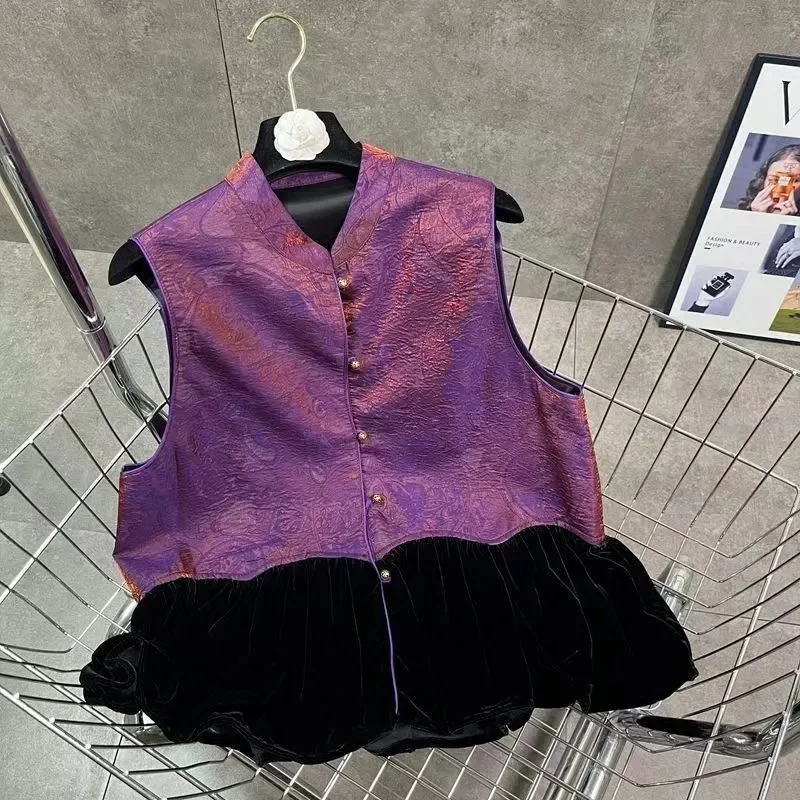 Women's Jackets New Chinese Antique Stitching Velvet Vest Women's Tang Suit Jacquard sSleeveless Double-sided Vest tank top Coat