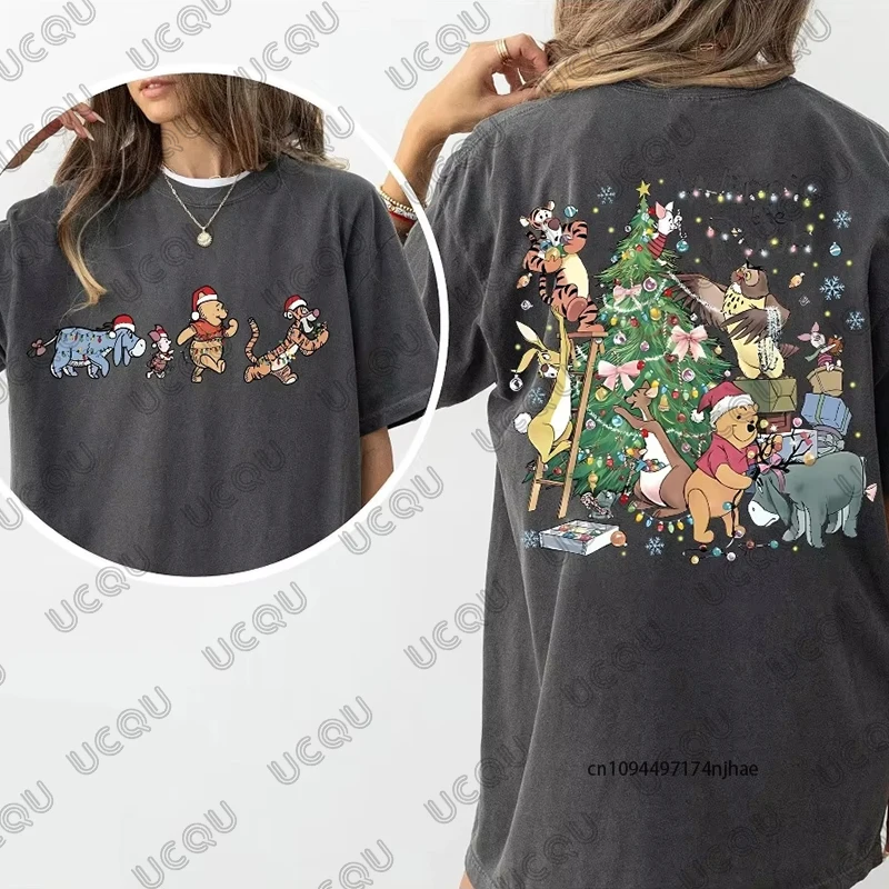 Disney Pooh and Friends Christmas Tree Print Cotton T-shirt For Women Summer Short Sleeve O-neck Vintage Tees Casual Unisex Tops