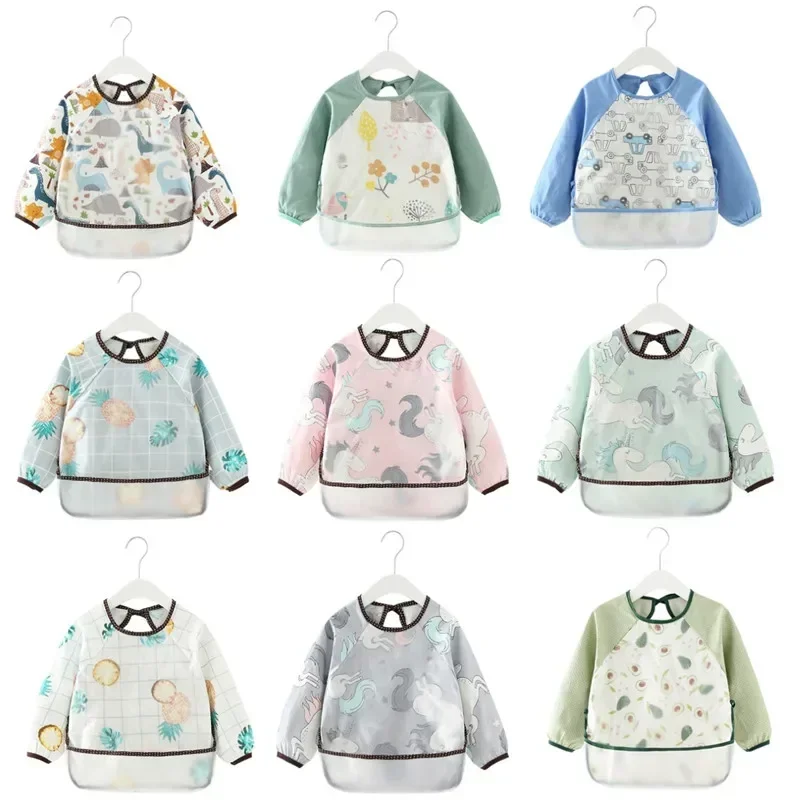 Child Apron Smock Baby Aprons Bibs Waterproof Long Sleeve Cute Car Fruit Boys Girls Bibs Kids Feeding Bib with Pocket Dinosaur