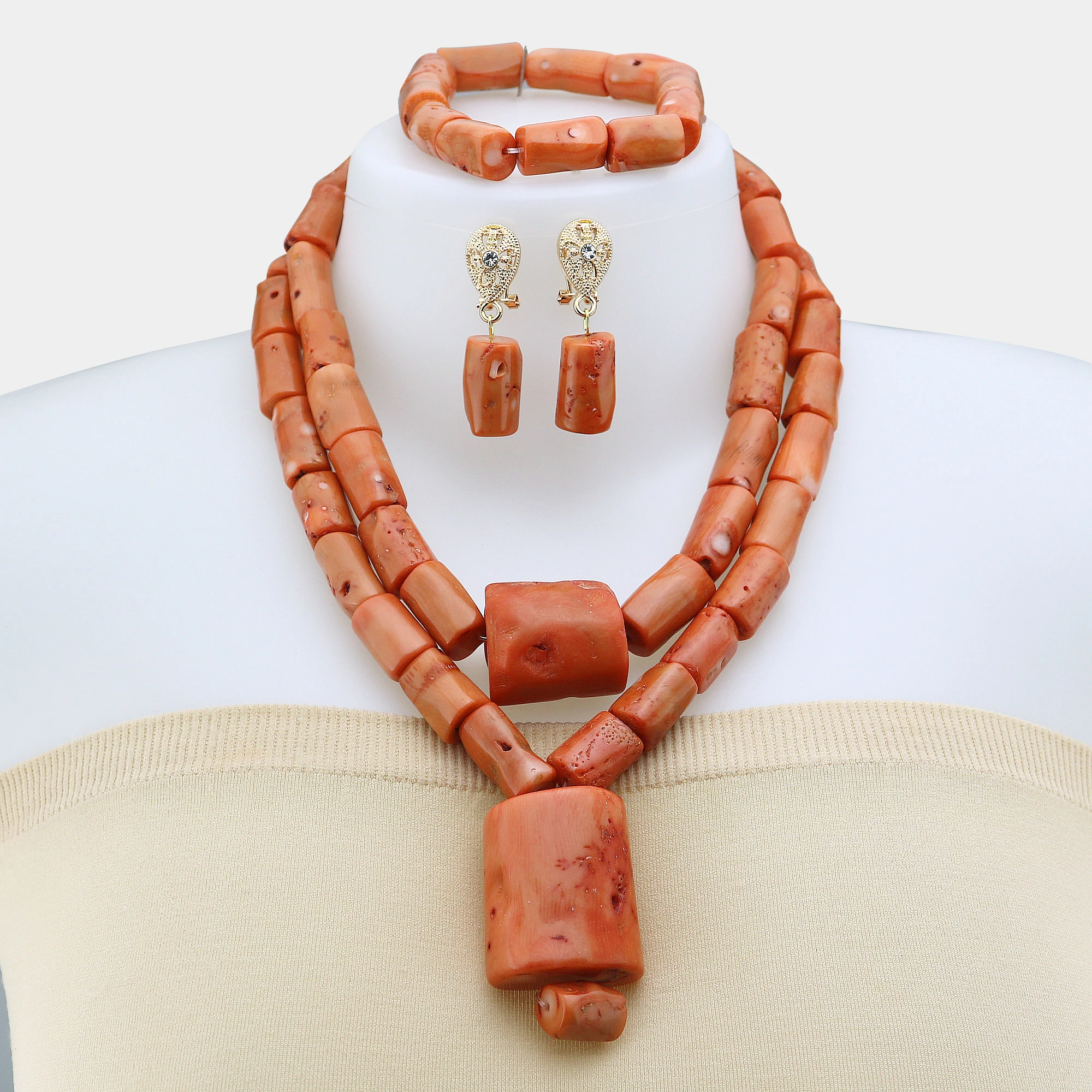 

Orange Coral Natural Real Coral Beads Set Latest Nigerian African Wedding Beads Necklace Jewelry Set Trendy Design Jewelry