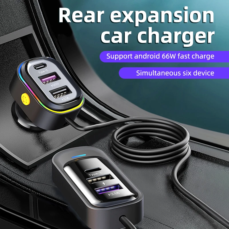 Front Rear Extension 6 Port Car Charger RGB Light PD Fast Charging USB Type C Adapter For iPhone Tablet