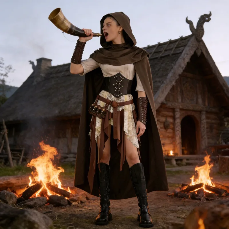 Mittelalterliches Retro-Ritter-Krieger-Halloween-Kostüm Damen Wikinger-Piraten-Tunika Cosplay-Kleidung Outfit Umhang Bühnenauftritt