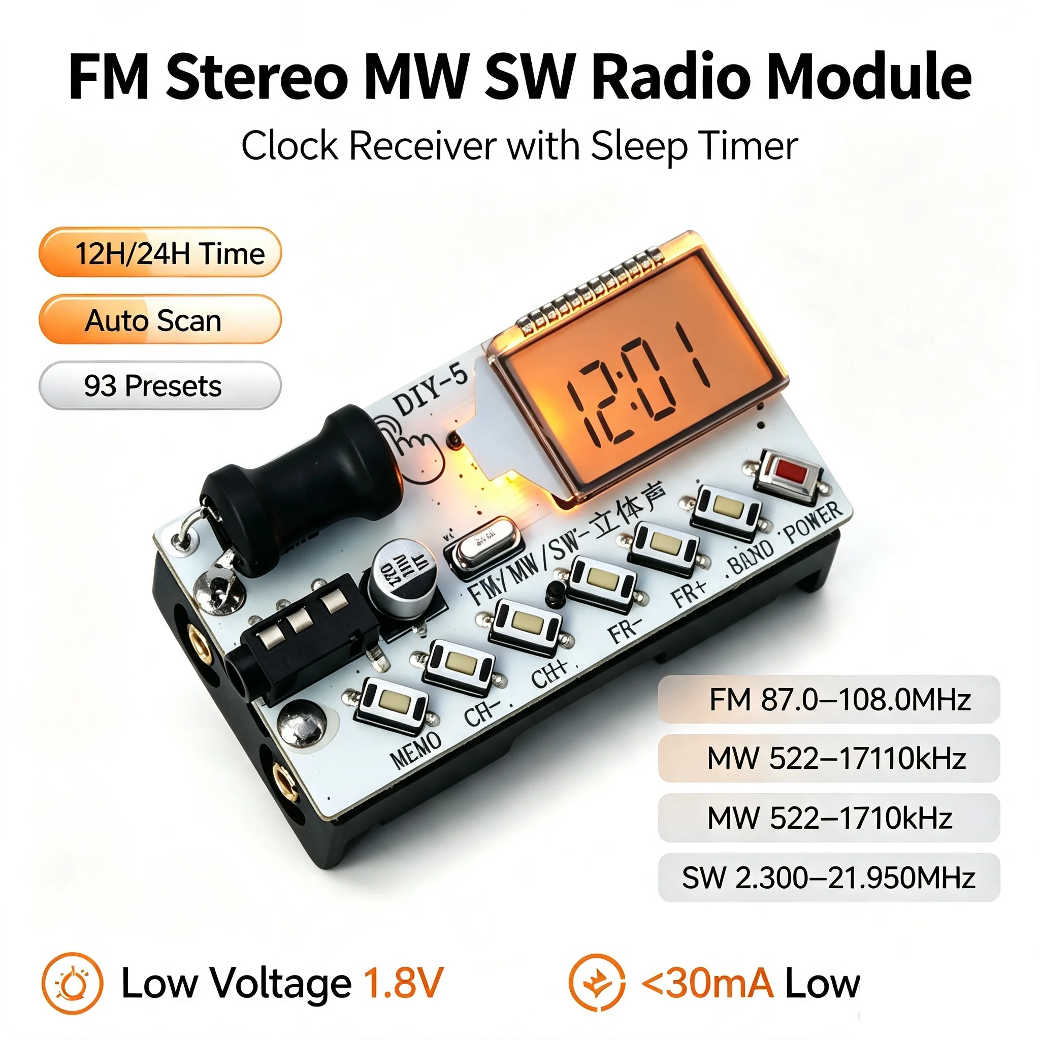 4-Band Digital FM MW SW Radio CLOCK LCD Display AM FM Medium Wave Shortwave Receiver Broadcasts Headphone Radio Module Antenna