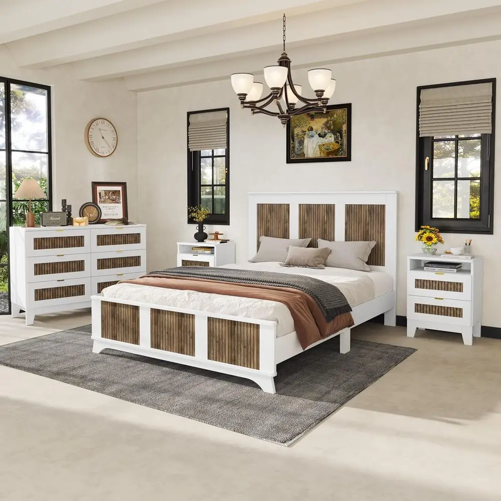

4 Piece armhouse Queen Size Bedroom Set with Storage, Solid Wood Platorm Bed with Wooden Strip Decoration board, 4 Piece Bedroom
