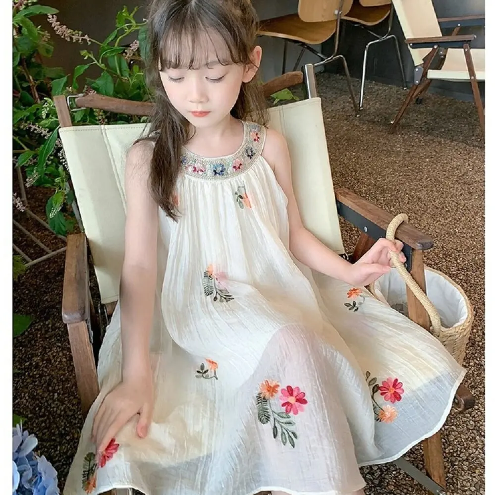 Süße Mädchenkleider für den Sommer, bestickt, ärmellos, mit hängendem Hals, Strandkleid, Freizeit- und Urlaubskleid, Kinderkleidung