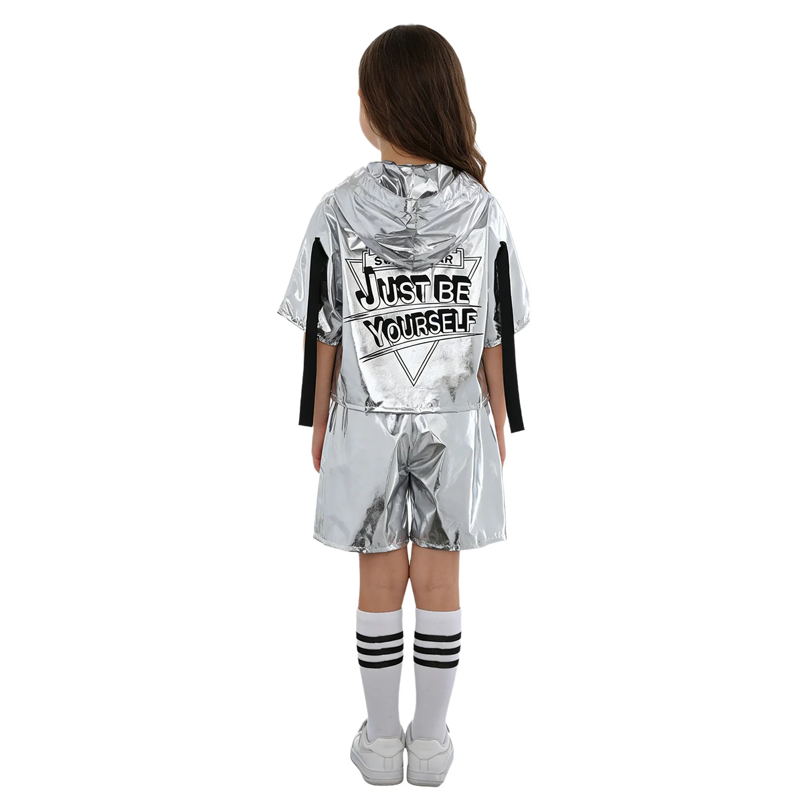 Kids Boys Girls Modern Jazz Hip Hop Street Dance Outfit Metallic Gloss Short Sleeve Hooded Pullover Top with Shorts Stripe Sock