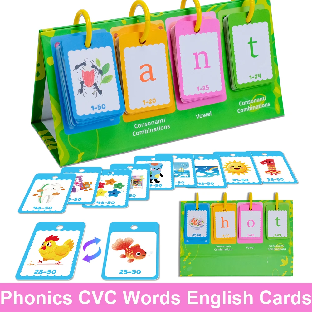 CVC Words Phonics Vocabulary Cognitive Cards for Kids Short Vowel Word Building Educational English Flashcards Teaching Aids