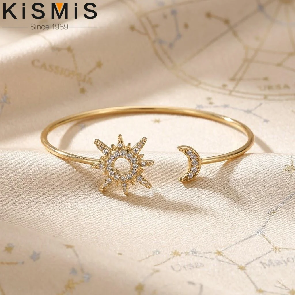 Adjustable Gold Tone Bracelet With Shiny Rhinestone Sun and Moon Microset Jewelry For Women Fashion Accessories