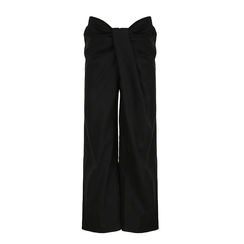Pantalon taille basse à jambes larges pour femmes, pantalon plissé avec détail de nœud asymétrique, drapé minimaliste tissé, pantalon à taille Paperbag