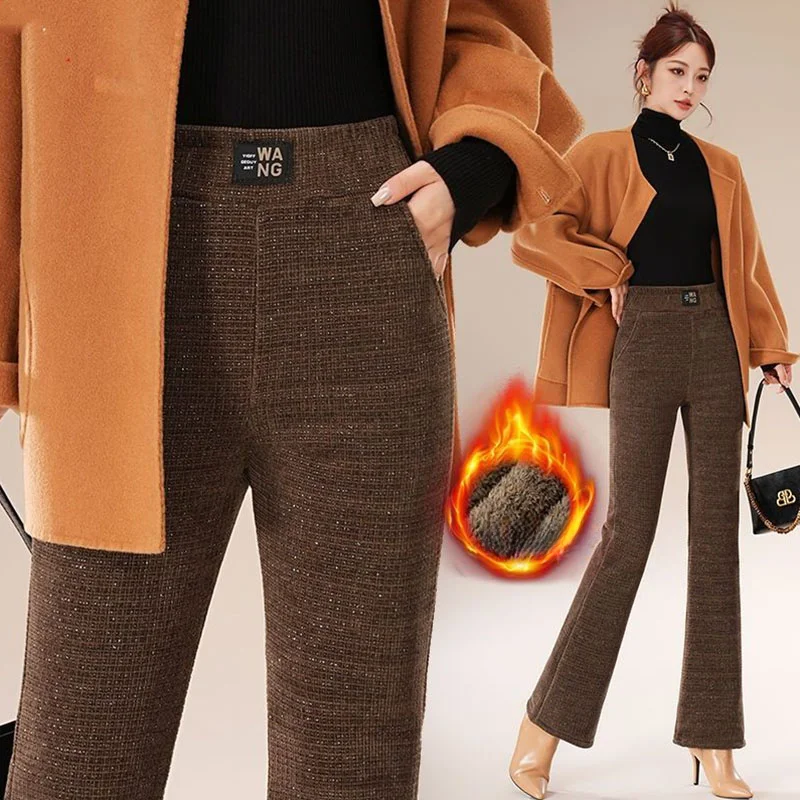 

Autumn Winter Chenille Pants Women Elastic High Waist Solid Label Pocket Plus Velvet Fashion Casual Office Lady Flared Trousers