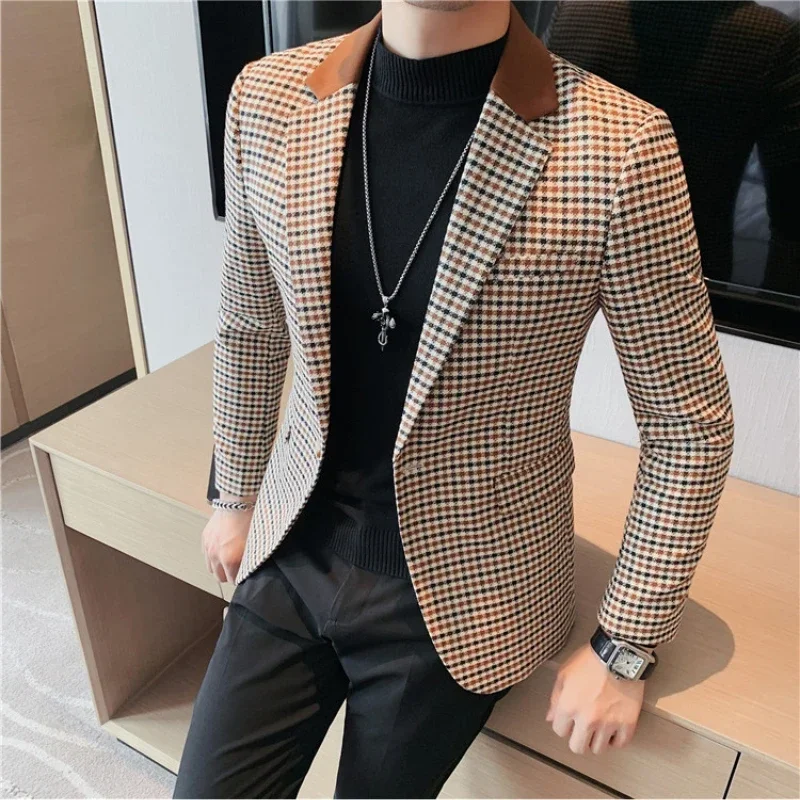 

High Quality Suit Men's British Style Slim Elegant Fashion Business Casual Dress Tuxedo Spliced Collar Plover Case Blazer Jacket