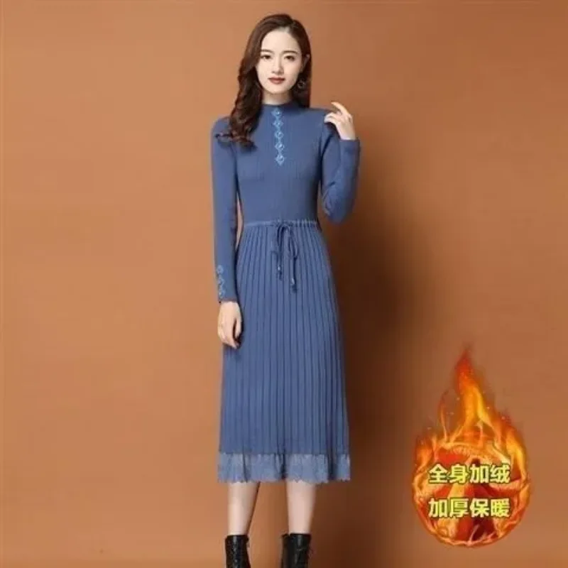 New Thickened Velvet Autumn and Winter Lace-up Sweater Mid-length Slim Knitted Bottoming Dress