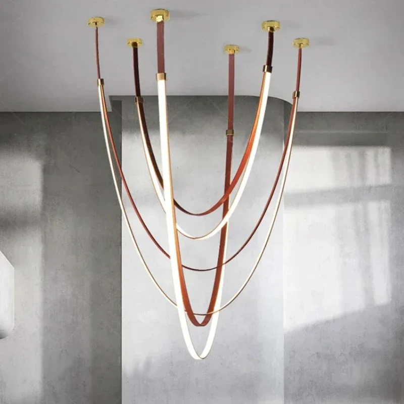 

Nordic Modern Leather Design Belt-Shaped LED Chandelier Suitable Villas Duplexes Staircases Ceiling Hanging Decorative Lighting