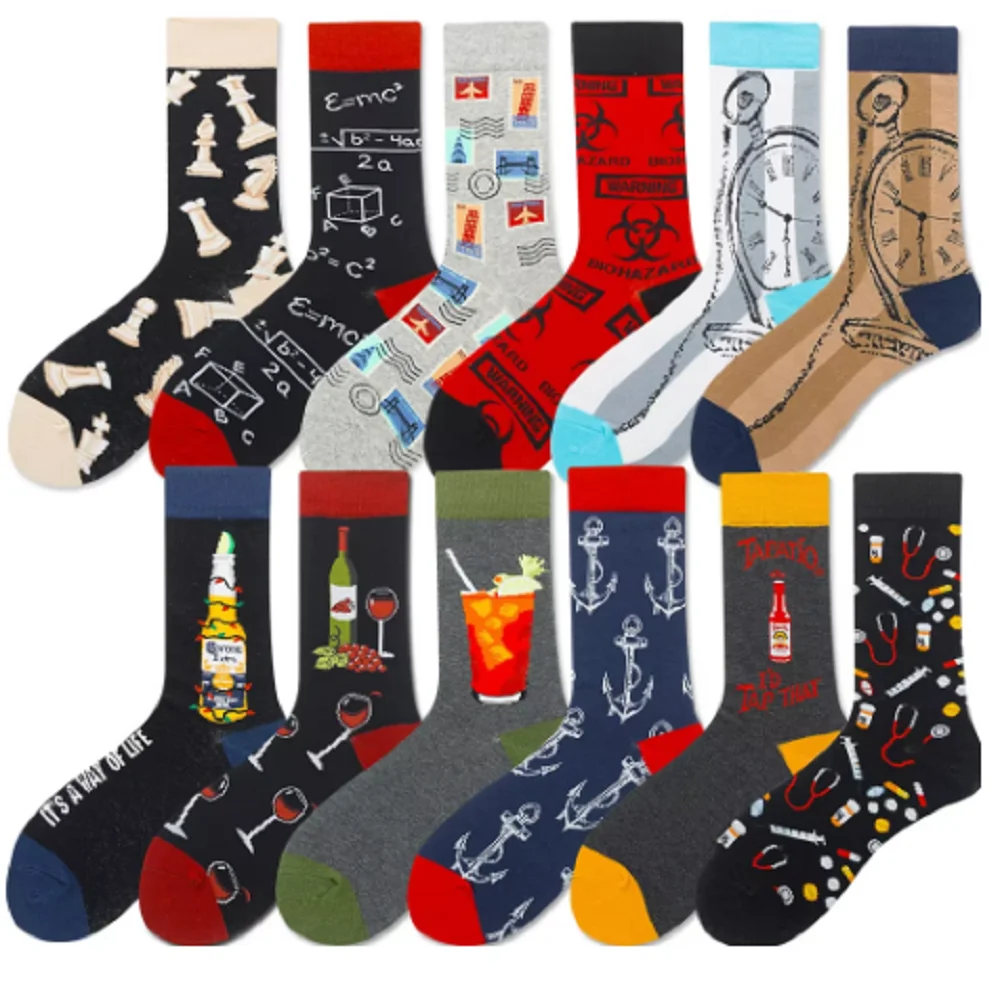 1pair Happy Funny Socks Men Casual Creative Breathable Harajuku Print Red Wine Glass Stamp Soft Funny Novelty Happy Socks