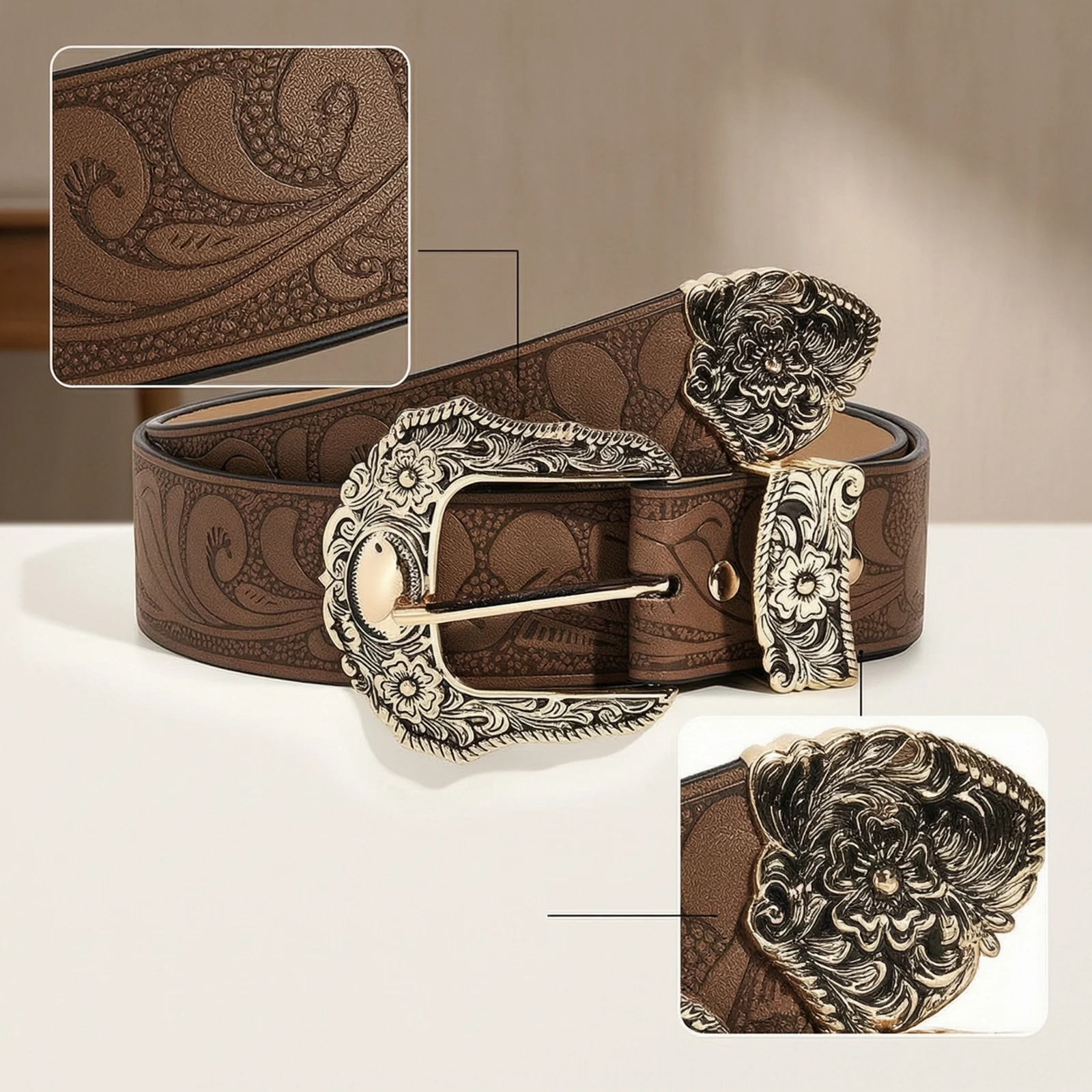 Belt with Embossed Pattern Textured Belt with Carved Buckle for Women, Casual Wear, Dresses