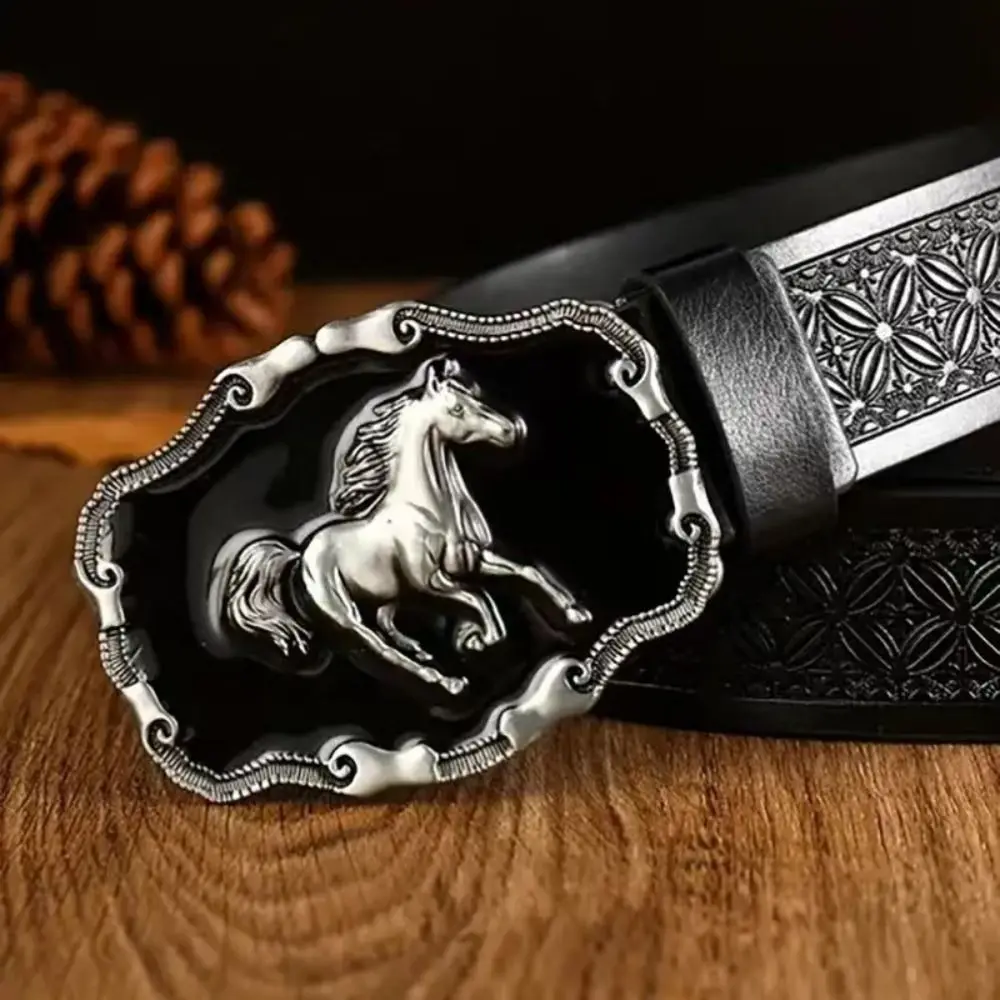 Vintage Running Horse Buckle Western Cowboy Belt Luxury Design Trendy Brand Cowboy Waist Belt Floral Embossed Belt For Men Woman