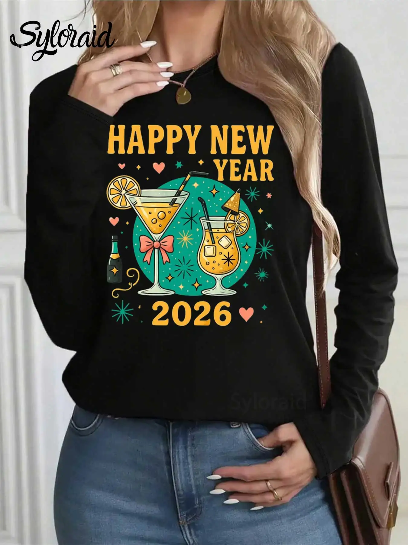 여성용 긴 소매 티셔츠 '새해 복 많이 받으세요 2026' 불꽃놀이 프린트 티셔츠 패션 라운드 넥 캐주얼 탑