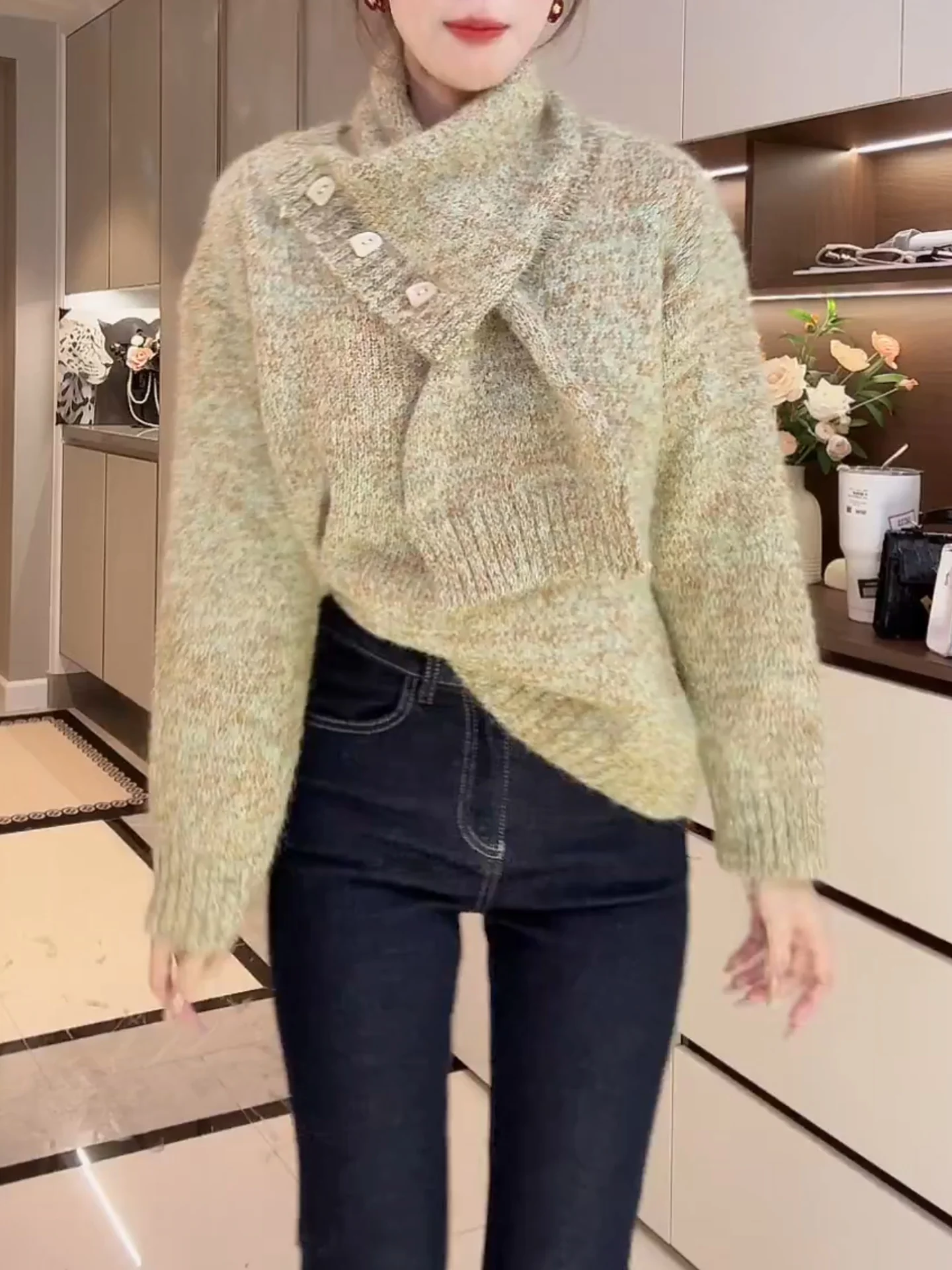 

Осенне-зимний повседневный корейский женский вязаный свитер оверсайз, модный теплый топ с длинными рукавами и круглым вырезом из шерсти