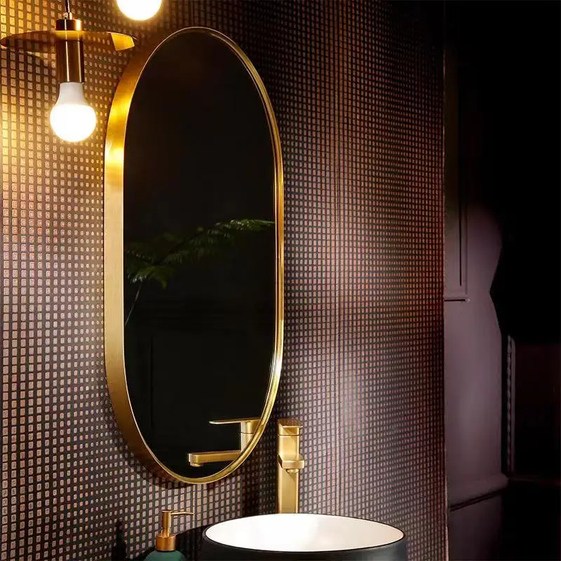 

Pure brass oval bathroom mirror, household bathroom light luxury mirror, Nordic wall-mounted gold dressing mirror