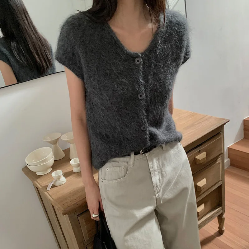 

Alpaca Wool Cardigan Sweater Vest Cap Sleeve Knitted Tops