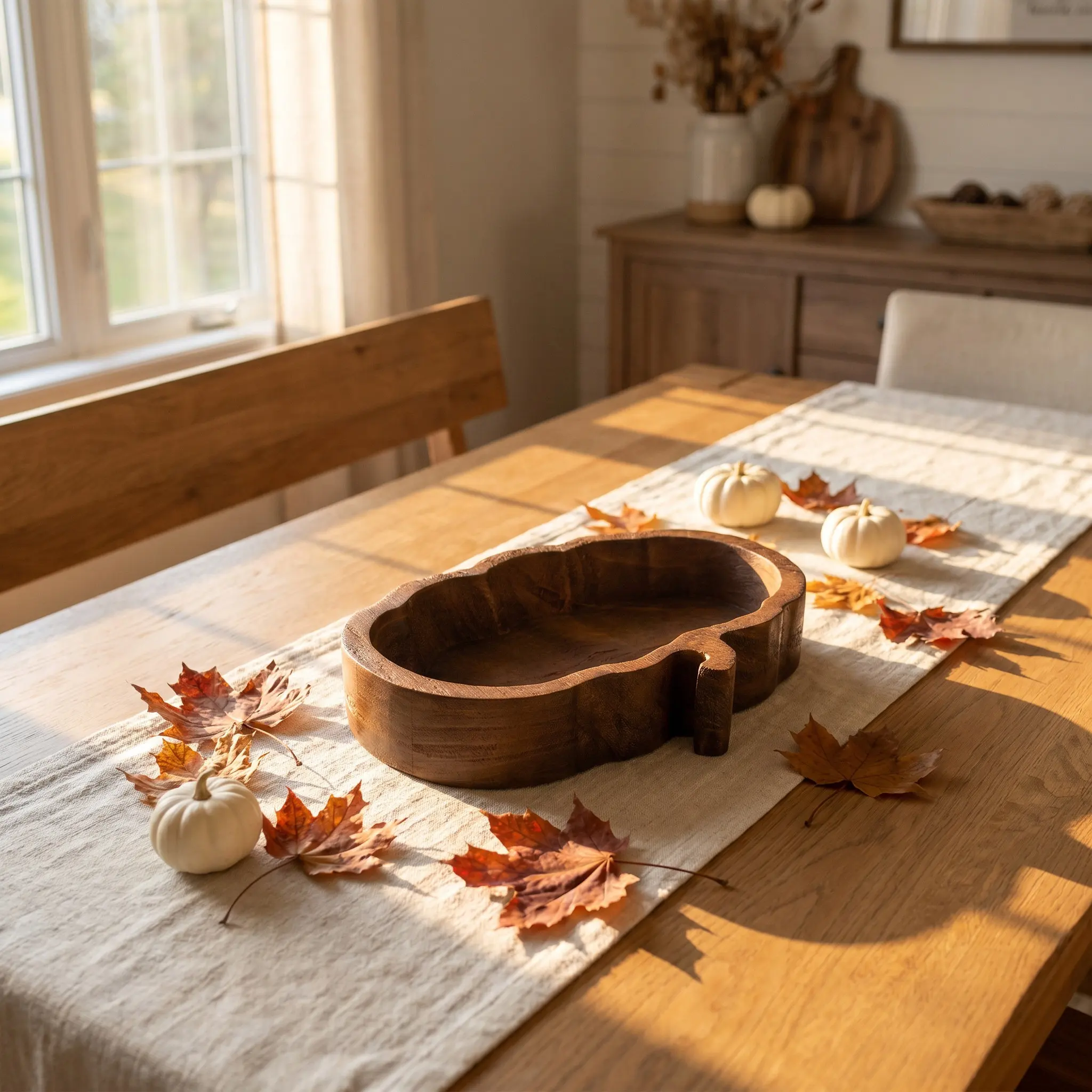 Pumpkin Wooden Serving Tray Brown Rustic Autumn Fall Salad Fruit Bowl Charcuterie Cheese Platter Candy Dessert Snack Dish