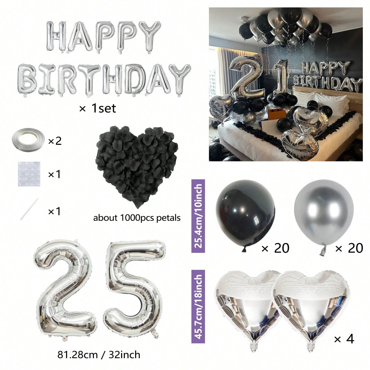 1050 Stück Schwarze & Silberne Partyballons Dekorationen mit Silbernem Happy Birthday Banner Chrom Silber Ballons für Kinder und Erwachsene