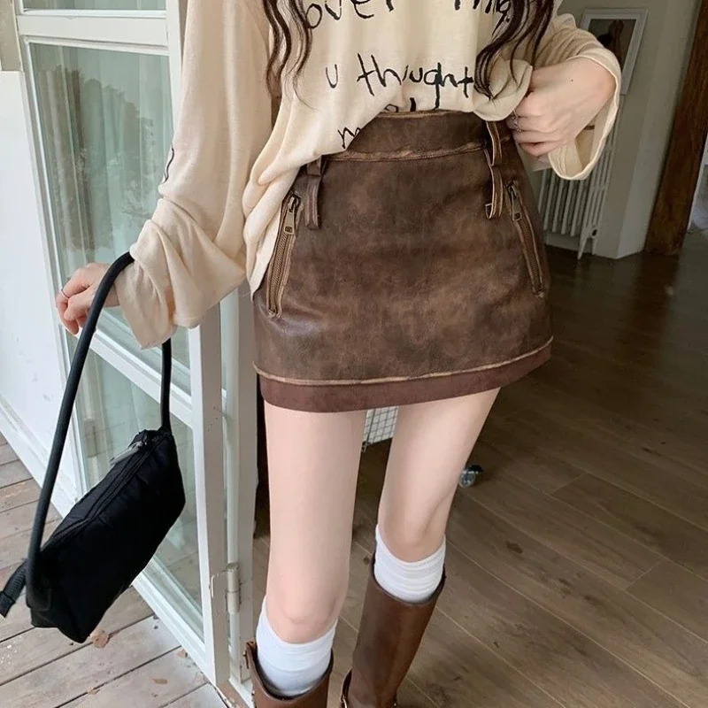 American Retro Women's Skirt 2025 Autumn and Winter Short Y2K Leather Skirt