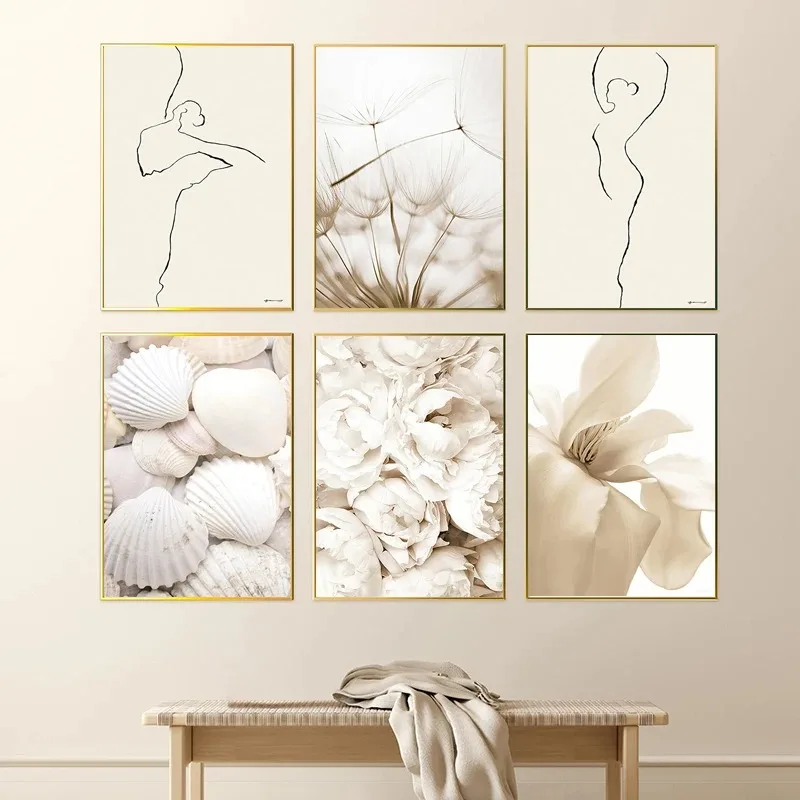 Nordic Wall Art White Shell Beach Flower Dandelion Posters Canvas Painting and Prints Wall Pictures for Living Room Home Deco