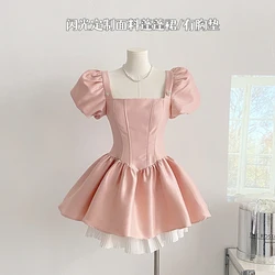 Bomon Y2K 2000's Flower Sweetheart Ballet-French Style Pink Satin Princess Dress Summer Women's Dress Puffy Sleeve Pleated Dress