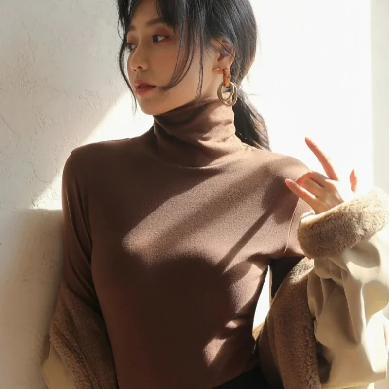 Fashio Solid Tight Fitting T-shirt Korean Version Solid Color Stacked High Neck Base Shirt Autumn Long Sleeved Slimming Top