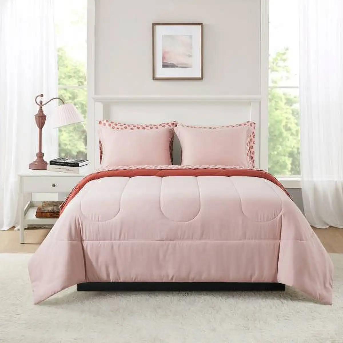

7 Piece Reversible Bed in a Bag Comforter Set with Sheets, Pink, Full