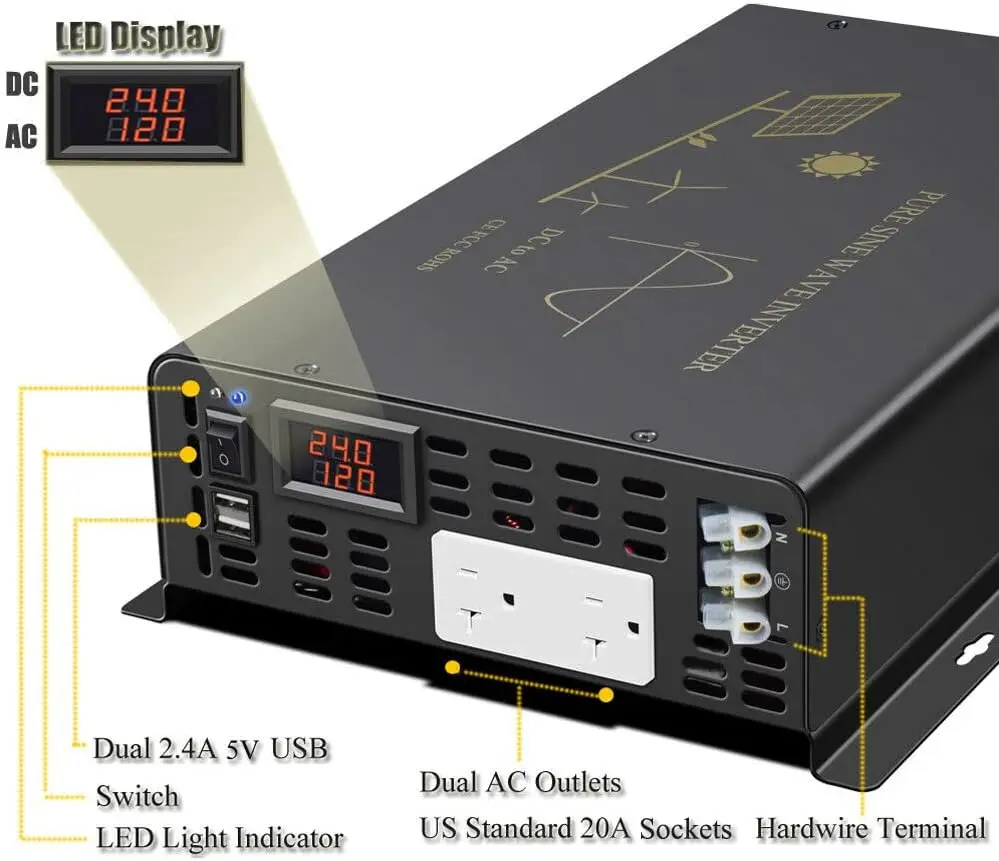 Pure Sine Wave Inverter 5000W 24V 120V Solar Power Generator Battery 12V/36V/48V/72V/96V DC to 110V/220V/230V/240V AC Converter